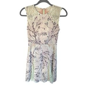 BCBGMAXAZRIA Floral Lace Trim Sleeveless Mini Dress Cream Lavender‎ Green Size 0